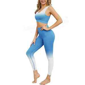 Ensemble de yoga 2 pièces bleu uni pour femme : Crop top sans manches col en V et Legging long taille mi-haute respirant et sans couture - Product Image 4