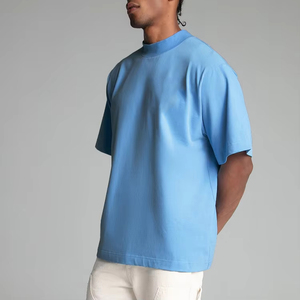 T-shirt à col montant bleu clair pour homme, 100% coton, manches courtes, couleur unie, pull-over, style été - Product Image 2