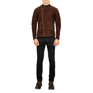 Veste de motard en daim marron pour homme, col montant, fermeture éclair, coupe ajustée, veste de moto d'automne - Product Image 1