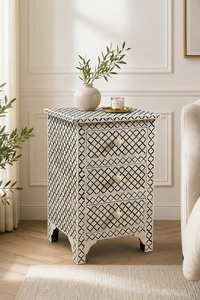 Decorative Bone Inlay Solid Wood Nightstand Handmade Bedside Table Three Drawer Storage <b>Cabinet</b> for Bedroom - Product Image 2
