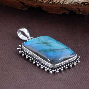 SHYAM JEWELRS Vintage 925 Sterling Silver Labradorite Pendant Necklace Bezel Setting Rectangle Natural Stone Snake <b>Chain</b> Blue - Product Image 2