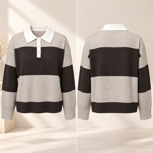 Suéter de punto para mujer, estilo rugby preppy, de manga larga, con botones frontales, holgado, con bloques de color, transpirable, mezcla de viscosa - Product Image 5
