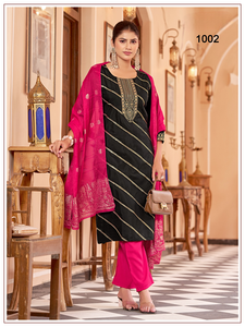 Conjunto de 3 piezas de Kurti, pantalón y dupatta de diseñador con bordado pesado, Kurti de seda disponible a precio de mayoreo. - Product Image 3