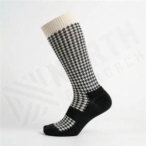 <b>Knee</b> <b>High</b> <b>Socks</b> Plaid Pattern Black <b>White</b> Knitted Breathable Casual Adult Regular Style - Product Image 3
