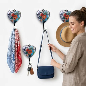 Handmade Ceramic Heart Wall Hook With Floral Pattern Vintage Style Single Hook For Keychain <b>Hanger</b> - Product Image 2