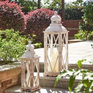 Portavelas de Madera Rústico Blanco, Farol Decorativo Vintage para Decoración del Hogar, Bodas y Eventos - Product Image 1