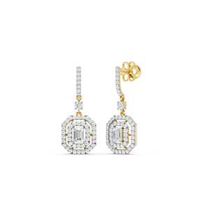 Boucles d'oreilles pendantes de luxe en or jaune massif 14 carats plaqué rhodium, certifiées IGI, diamant de laboratoire taille émeraude D VVS2, double halo, 2.67 - Product Image 3