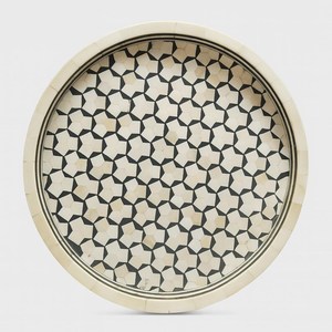Handmade <b>Round</b> Bone Inlay Tray - <b>Black</b> & White Geometric Mosaic | Handmade Decorative Serving Tray | <b>Coffee</b> <b>Table</b> Tray - Bone - Product Image 5