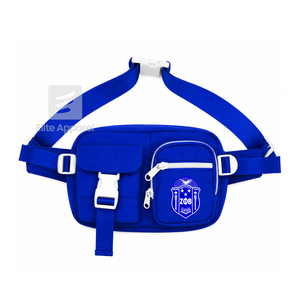 Bolso de cintura personalizado de la hermandad Zeta Phi Beta, azul y blanco, estilo casual, con logo bordado y bolsillo con cremallera para ropa griega femenina. - Product Image 1