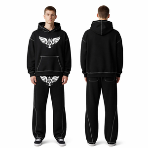 Ensemble de survêtement à capuche noir pour homme, logo personnalisé, streetwear, jogging, ensemble de vêtements de sport en molleton de coton, mode USA Europe - Product Image 1