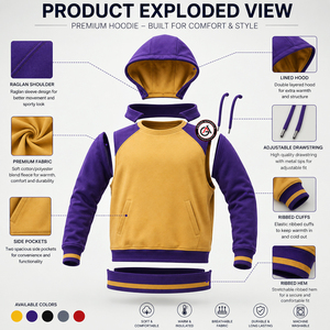 GEEK APPARELS Sweat à capuche raglan pour homme, violet et jaune, avec blocs de couleur, coupe droite, pour l'automne - Product Image 5