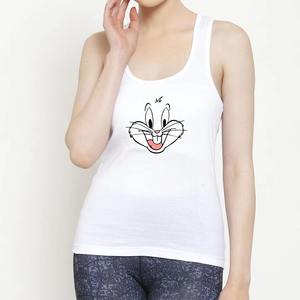 Débardeur blanc pour femme à imprimé dessin animé, col rond, tricoté, décontracté, respirant, avec logo frontal - Product Image 4