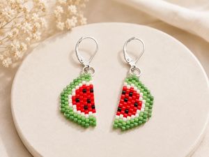 Factory Price Cute Watermelon Beaded <b>Drop</b> Earrings Women's Silver Plated Fashion Jewelry Acrylic Resin Fruit Pattern Style By UO - Product Image 1