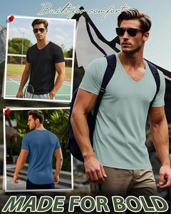 Camiseta con cuello en V para hombre, cómoda, de manga corta, informal, tela suave y transpirable, ligera, ajustada, para verano, de secado rápido - Product Image 4
