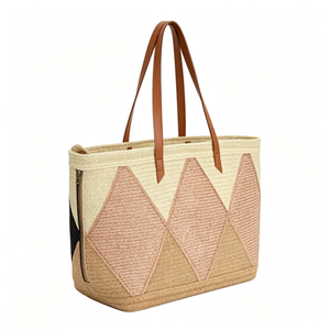 Customized Diamond patchwork woven tote <b>bag</b>, neutral‑pink geometric straw shopper,multi‑tone woven <b>basket</b> tote with faux‑leather - Product Image 4