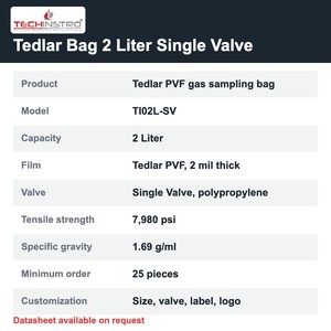 ถุงเก็บตัวอย่างก๊าซ TECHINSTRO Tedlar ขนาด 2 ลิตร ฟิล์ม PVF วาล์วเดี่ยว ป้องกันการรั่วซึม สำหรับการเก็บตัวอย่างก๊าซ VOC ในปล่องปล่อยไอเสีย และการเก็บตัวอย่างก๊าซในดิน - Product Image 6