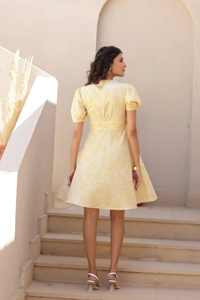 Robe Mini Classique à Jupe Volumineuse, Mouvements Fluides, Teinte Unie, 100% Coton, Col en V, Manches Bouffantes, Coupe Trapèze, Motif Floral, Respirante - Product Image 3