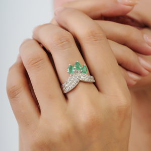 Beautiful 925 Sterling <b>Silver</b> 100% Genuine <b>Emerald</b> & Diamond Curved Band Cocktail <b>Ring</b> For Women's Party Wear Accessories - Product Image 2