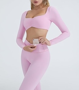 Ensemble de vêtements de sport extensibles pour femme, haut court à manches longues et leggings, léger, pour la course à pied et la gym - Product Image 3
