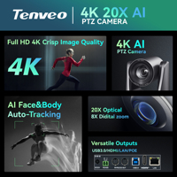 Cámara de Transmisión PTZ Tenveo NV20U-4K + KB200PRO 4K 20X con USB/HDMI/LAN + Pantalla LCD de 5 Pulgadas y Controlador de Teclado con Alimentación POE