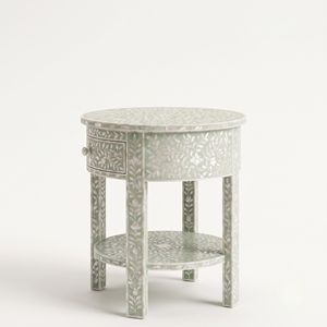 Artisan MOP Light <b>Green</b> Round <b>Bedside</b> <b>Table</b> with 1 Drawer Intricate Floral Pattern Luxury Furniture Inlay Bedroom Furniture - Product Image 2