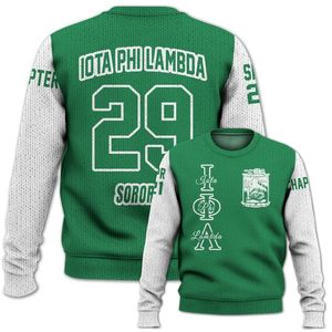 เสื้อแจ็คเก็ตวาร์ซิตี้สีเขียวมรกตผสมสีขาวแบบกำหนดเองของ Iota Phi Lambda พร้อมเสื้อสเวตเตอร์ถักของชมรม Iota Phi Lambda - Product Image 4