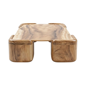Organic Modern Solid Suar Wood <b>Coffee</b> <b>Table</b> Chunky Blocks <b>Legs</b> Curved Edge Elegant Natural Grain Handmade Furniture - Product Image 3