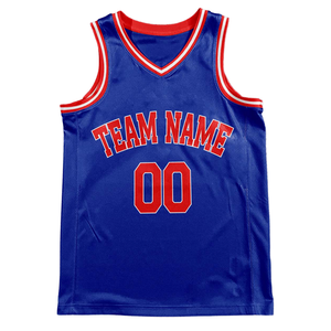 Ensemble uniforme de basket-ball bleu personnalisé, maillot et short rétro avec texte rouge, nom et numéro de l'équipe, design classique - Product Image 3