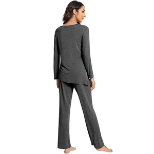 Women's Gray Knitted Long Sleeve Pajama Set Soft Full Length Casual Sleepwear Round Neck <b>Elastic</b> Waist Autumn Wear - Product Image 4