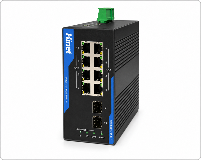 IDS1008F2-8P Industrial DIN-Rail Wall Mount PoE Switch 8X10/100M 30W PoE Ports 2X1G SFP Fiber Ports -40°C to 75°C 240W