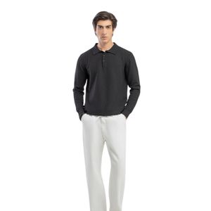 Pull Polo Texturé Vert Olive Foncé pour Homme, Manches Longues, Col Boutonné, Tricot Décontracté Tendance, OEM - Product Image 3
