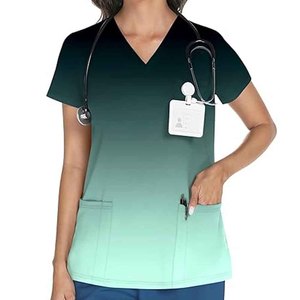 Unisex Customized Printed Scrub Top Short Sleeve V-Neck Polyester Woven Hospital Uniform Blouse with <b>Name</b> <b>Tag</b> Pocket - Product Image 4