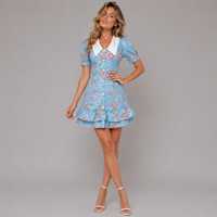 Robe Courte Décontractée en Coton Blanc à Imprimé Floral Doux, Col Peter Pan, Manches Courtes, Ourlet Évasé Superposé, Idéale pour le Printemps