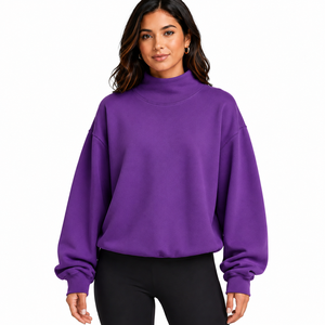 Sweat-shirt à col montant pour femme en mélange de coton premium, pull à épaules tombantes, broderie personnalisée, vente en gros, directement de l'usine, OEM - Product Image 1