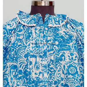 Tunique moderne à imprimé floral, 100% coton, lavable, décontractée, touche féminine, col mandarin à volants, manches courtes - Product Image 3