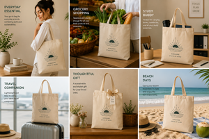 กระเป๋าโท้ท Sunshine State of Mind ผ้าฝ้ายสีเบจ ลายพระอาทิตย์ขึ้นแบบมินิมอล สายสะพายไหล่ ใช้ได้ทุกวัน - Product Image 5