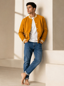 Veste universitaire moutarde pour homme, coupe classique, col rabattu, bouton unique, style décontracté, pour l'automne - Product Image 5