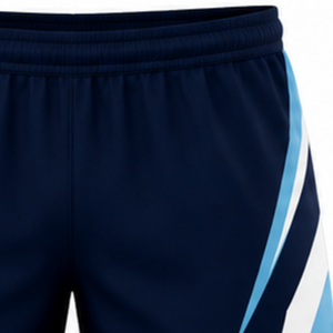 Shorts de volley-ball bleu marine et bleu clair, bas de tenue sportive athlétique, vêtements d'entraînement d'équipe, uniforme de compétition avec design à panneaux latéraux - Product Image 4