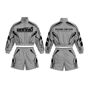 Polyester Mesh Windbreaker Short Set Black <b>White</b> Contrast Panel Custom Embroidery Print Logo Windbreaker Shorts Set for Men - Product Image 4
