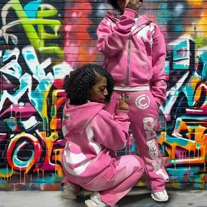 Custom Zip up Sweatsuit Acid Wash <b>Applique</b> <b>Patch</b> Embroidery Distresses Hoodie Jogging Tracksuit Flared Sweatpants and Hoodie Set - Product Image 1