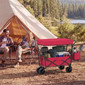 รถเข็นอเนกประสงค์พับได้สีแดงพร้อมที่จับปรับได้ ล้อกันรั่วพร้อมเบรก ช่องเก็บของด้านข้างถอดออกได้ สำหรับการตั้งแคมป์กลางแจ้ง - Product Image 3