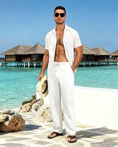 Men's White Cotton Oxford Pants Elastic Waist Casual Summer <b>Trousers</b> With Side Pockets Lightweight Breathable Fit - Product Image 3