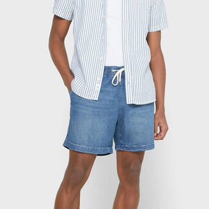 Shorts Bermuda en Jean Bleu pour Homme, Taille Mi-Haute avec Cordon de Serrage, en Coton Respirant et Tissé, avec Poches - Product Image 1