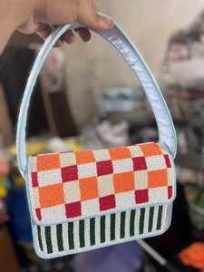 Green and White Striped Beaded Coral <b>Handbag</b> - Coastal Pink and <b>Orange</b> Sea Life Shoulder Bag - Nautical Beach Theme Purse adil - Product Image 1