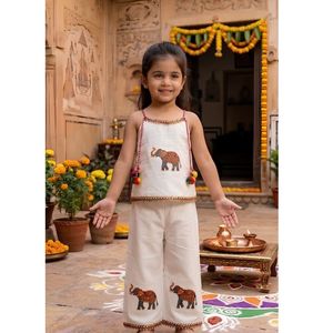 Girls Cambric Cotton Sleeveless Coord Set Floral Elephant Patch Outfit With Lace Border And Hair <b>Bow</b> <b>Gift</b> For Kids 0 To 5 Years - Product Image 1