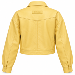 Yellow Genuine Leather Jacket Womens <b>Button</b> Front Turn Collar Drop Shoulder Welt Pocket Cropped <b>Coat</b> Custom Service Supply - Product Image 2
