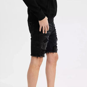 Shorts en jean noir pour homme, taille mi-haute, ourlet déchiré, couleur unie, en coton tissé respirant, style décontracté, fermeture boutonnée - Product Image 2