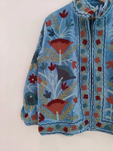 Veste en coton brodée florale bohème bleue, col mandarin, manches longues, vêtements décontractés pour adultes, tenue de printemps - Product Image 5