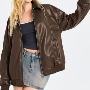 Custom Logo Winter Wear Men <b>Leather</b> <b>Bomber</b> <b>Jacket</b> With Turn Down High Quality Zipper Closure <b>Leather</b> <b>Jackets</b> <b>For</b> <b>Women</b> - Product Image 3