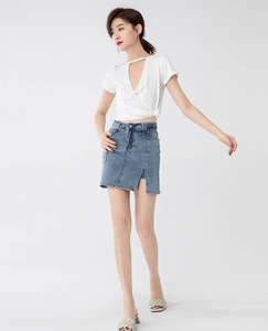 Jupe en jean bleu foncé mi-longue coupe ample avec ceinture et boutons, style décontracté automne, vente en gros pour filles et femmes - Product Image 4